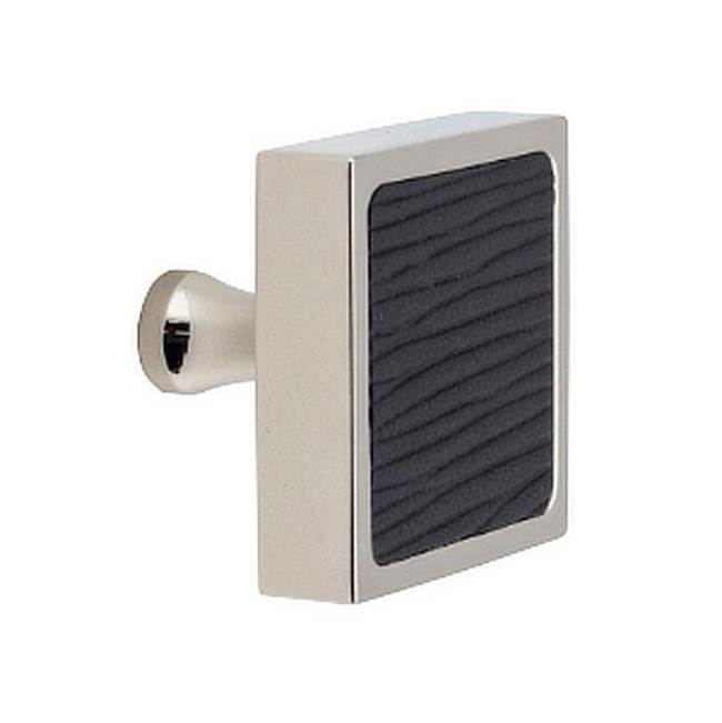 Colonial Bronze Leather Accented Square Cabinet Knob With Flared Post, Polished Nickel x Pinseal Black Seal Leather