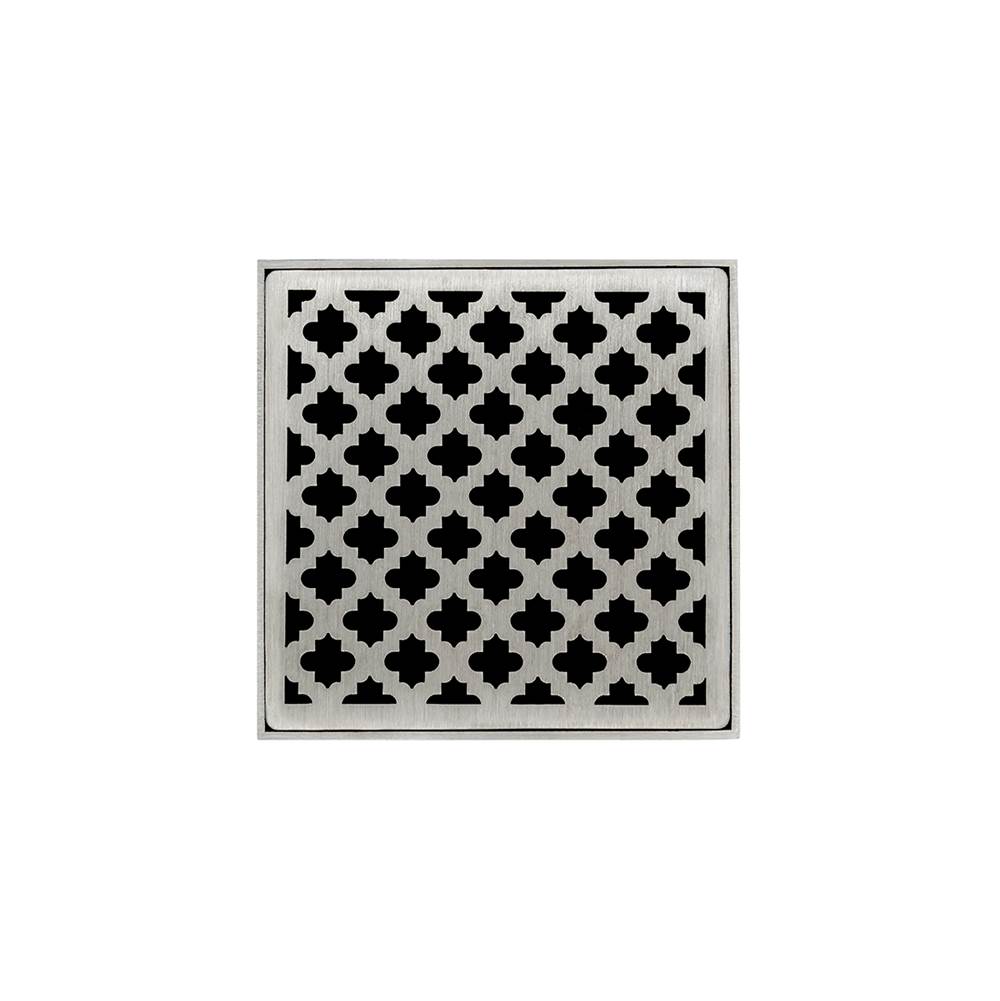 Infinity Drain 4'' x 4'' MD 4 Complete Kit with Moor Pattern Decorative Plate in Satin Stainless with Cast Iron Drain Body for Hot Mop, 2'' Outlet