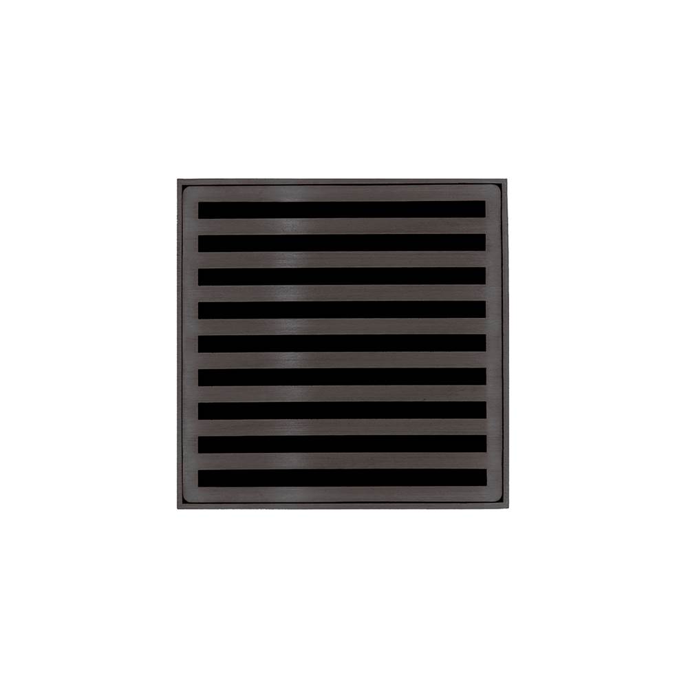 Infinity Drain 4'' x 4'' NDB 4 Complete Kit with Lines Pattern Decorative Plate in Oil Rubbed Bronze with Stainless Steel Bonded Flange Drain Body, 2'' No Hub Outlet