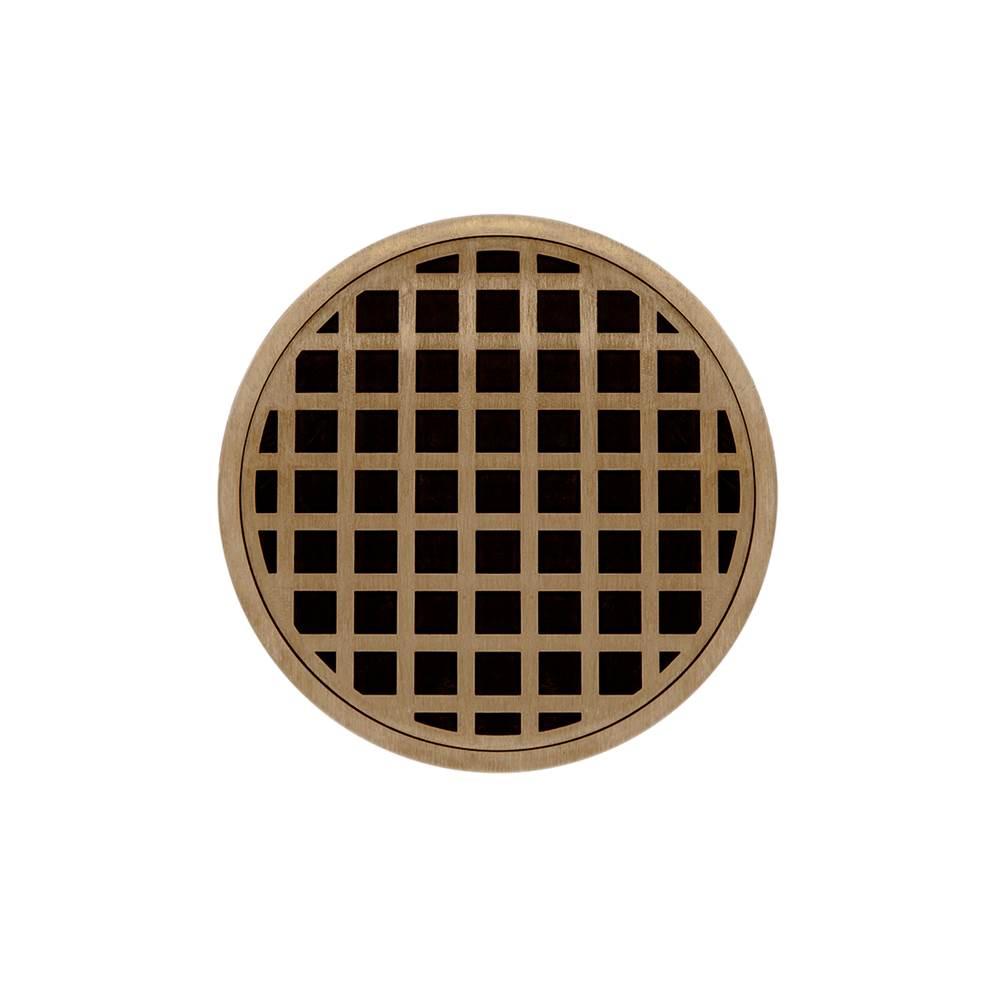 Infinity Drain 5'' Round RQD 5 High Flow Complete Kit with Squares Pattern Decorative Plate in Satin Bronze with Cast Iron Drain Body, 3'' No-Hub Outlet