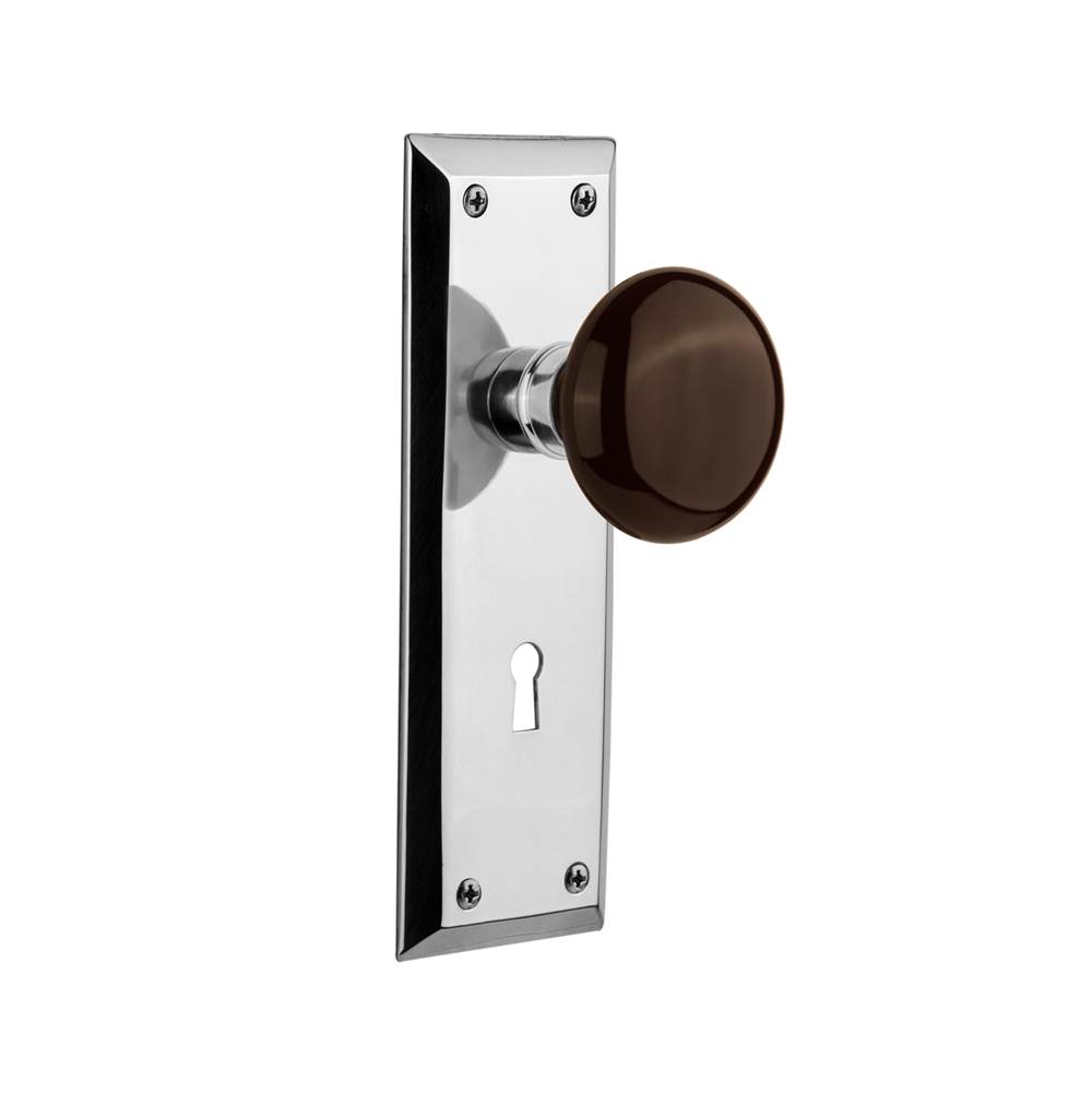 Nostalgic Warehouse Nostalgic Warehouse New York Plate with Keyhole Passage Brown Porcelain Door Knob in Bright Chrome