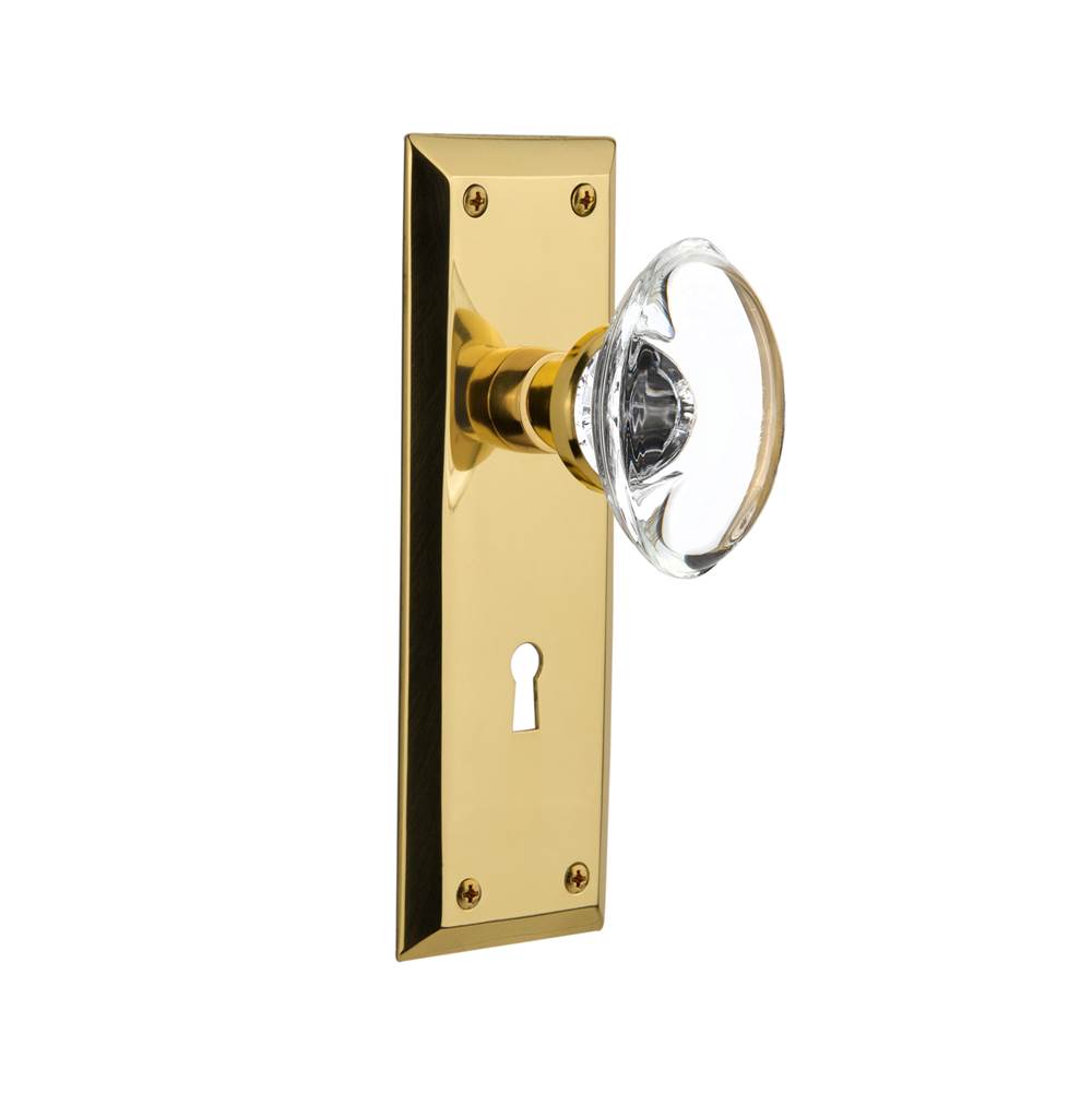 Nostalgic Warehouse Nostalgic Warehouse New York Plate with Keyhole Privacy Oval Clear Crystal Glass Door Knob in Polished Brass
