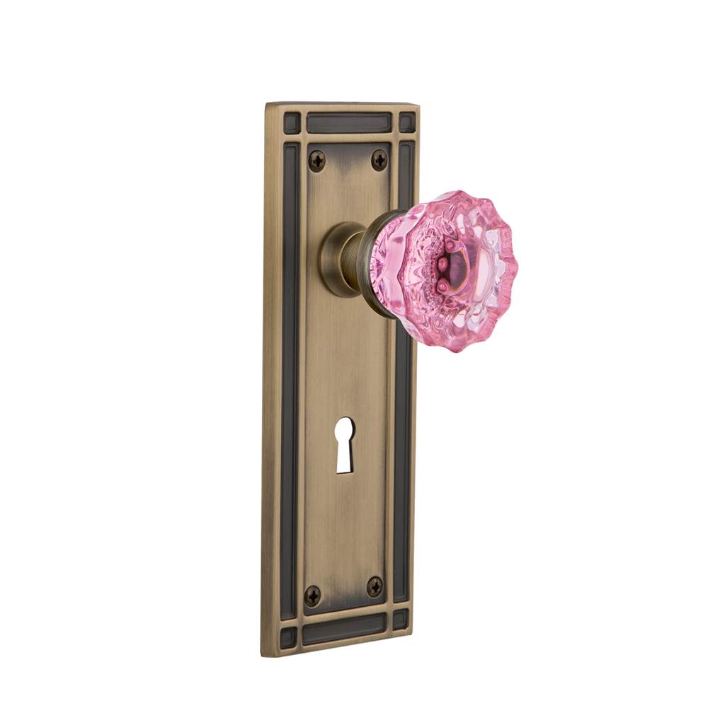 Nostalgic Warehouse Nostalgic Warehouse Mission Plate with Keyhole Privacy Crystal Pink Glass Door Knob in Antique Brass
