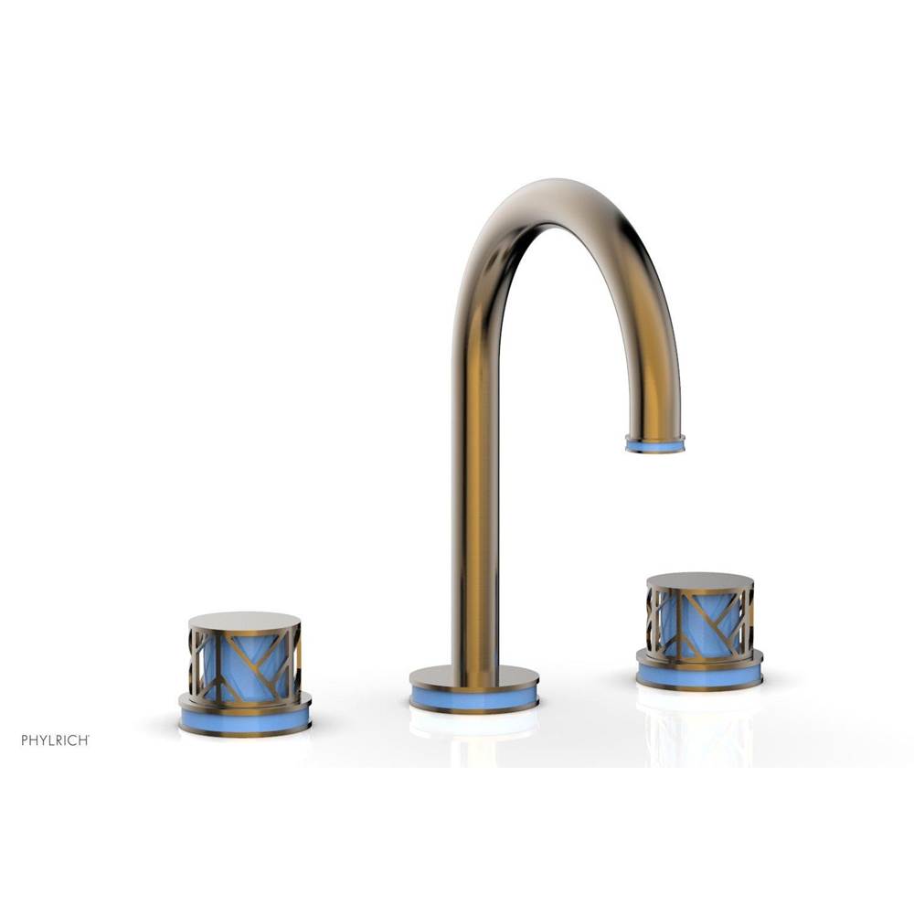 Phylrich Old English Brass Jolie Widespread Lavatory Faucet With Gooseneck Spout, Round Cutaway Handles, And Light Blue Accents - 1.2GPM