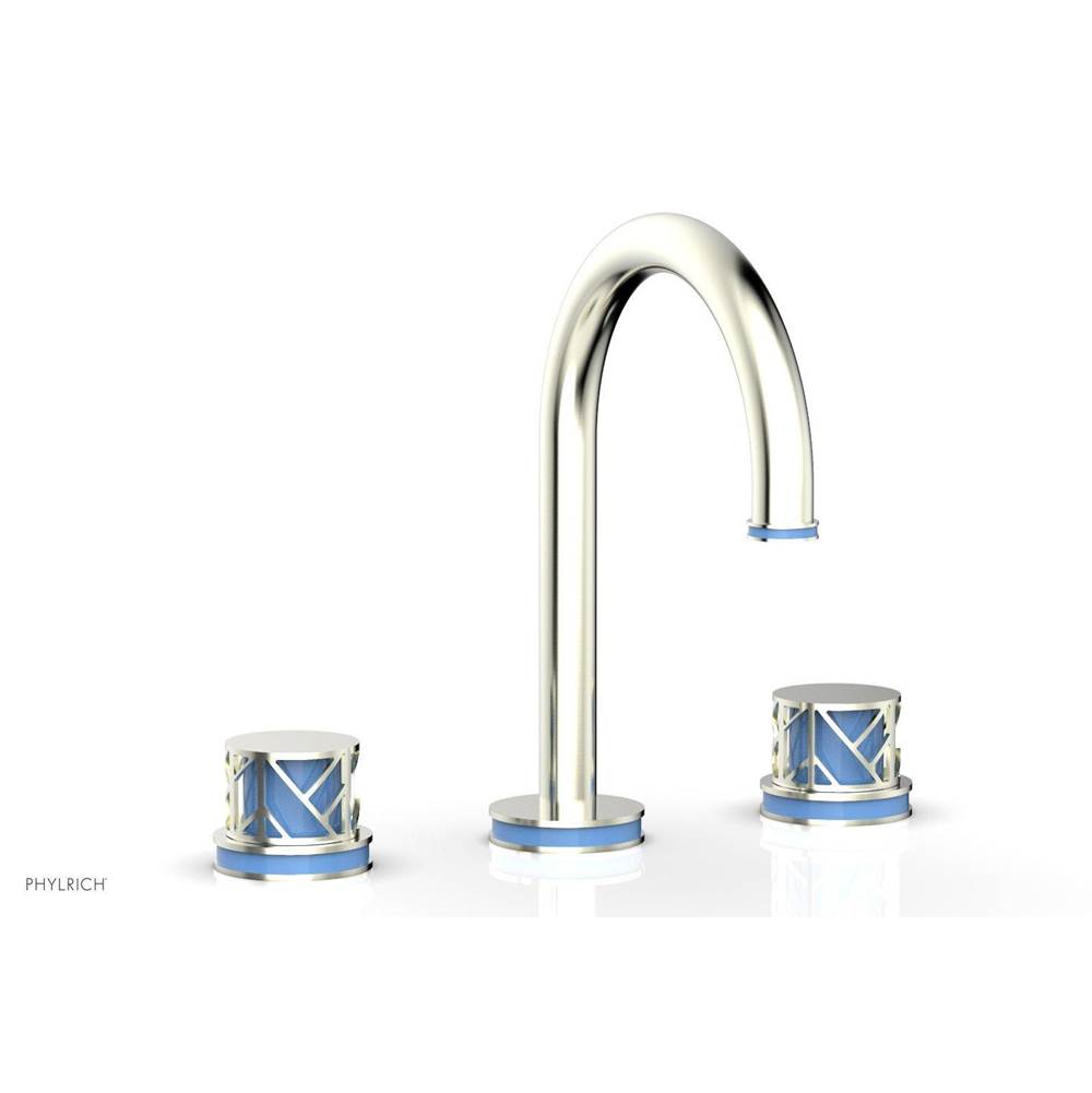 Phylrich French Brass (Living Finish) Jolie Widespread Lavatory Faucet With Gooseneck Spout, Round Cutaway Handles, And Light Blue Accents - 1.2GPM