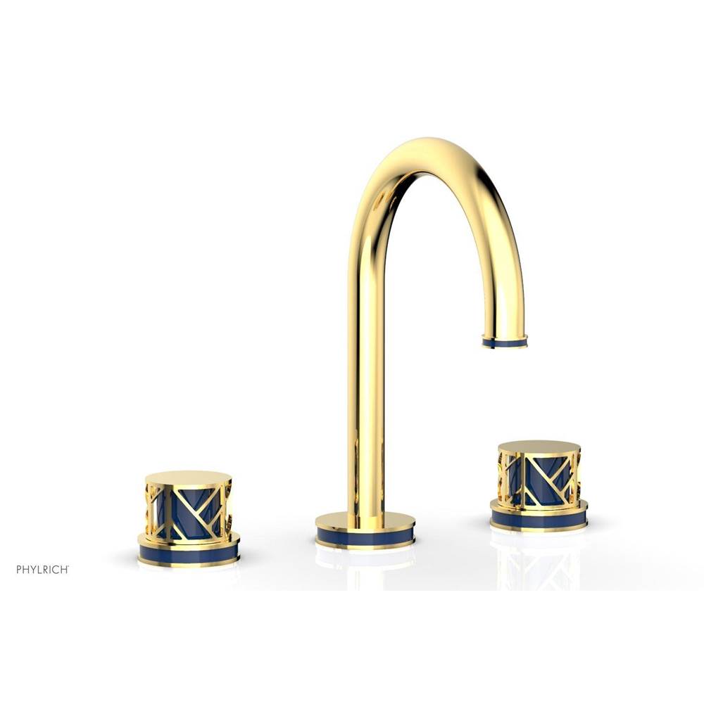 Phylrich Burnished Gold Jolie Widespread Lavatory Faucet With Gooseneck Spout, Round Cutaway Handles, And Navy Blue Accents - 1.2GPM